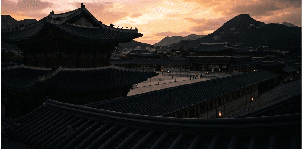 Traditional Korean hanok tiled rooftops against a dusk sky