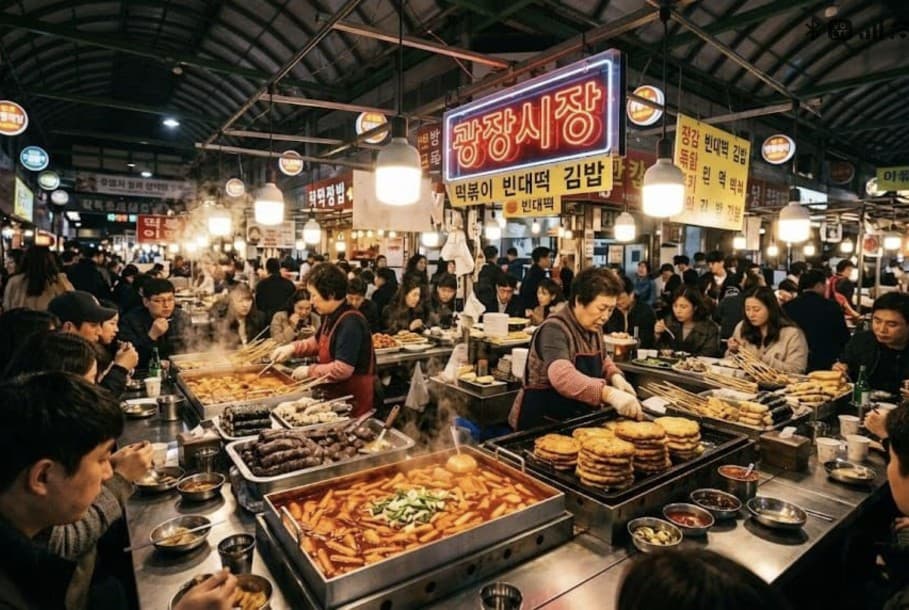 Bustling Gwangjang Market food alley with the neon sign, vendors grilling bindaetteok and cooking tteokbokki and sundae, and crowds of diners