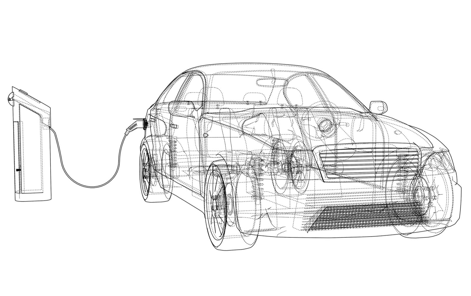 Patent-style wire-frame line drawing of an electric vehicle connected to a charging station.