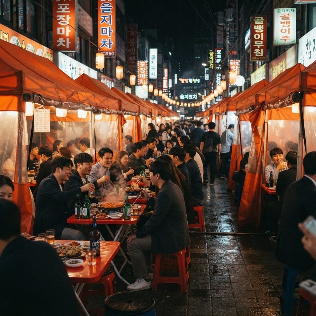 Rows of warmly lit orange street-food tents in the Euljiro pojangmacha alley at night, with locals eating and drinking at small tables