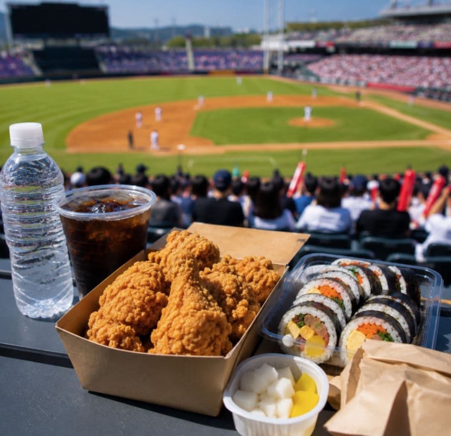 A ballpark food spread — a box of Korean fried chicken, a tray of kimbap, pickled radish, water and cola — overlooking the field during a game