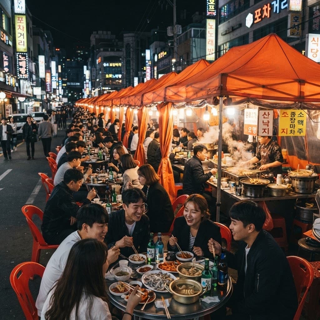 A long row of traditional Korean street food tents at Jongno 3-ga at night, with locals eating drinking snacks and soju at small tables under warm tent lighting